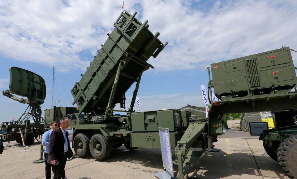 Visitors check US-made Patriot surface-to-air missile system during the first day of the Black Sea Defense & Aerospace Exhibition 2024 (BSDA'24) in Bucharest, Romania (EPA)