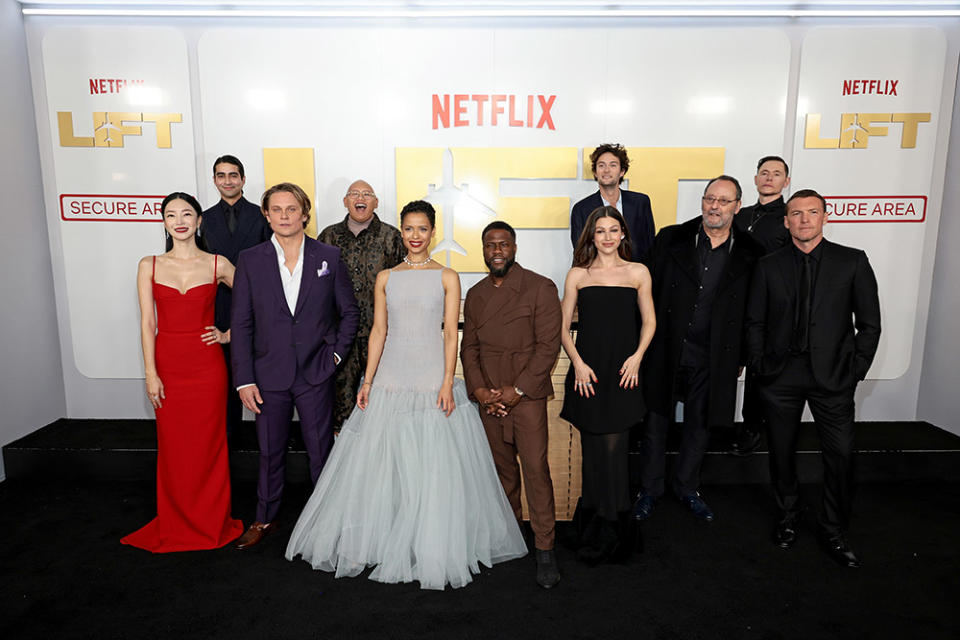 Yun Jee Kim, Viveik Kalra, Billy Magnussen, Jacob Batalon, Gugu Mbatha-Raw, Kevin Hart, F. Gary Gray, Oli Green, Úrsula Corberó, Jean Renom, Burn Gorman, and Sam Worthington attend Netflix's LIFT Premiere Event at Jazz at Lincoln Center in New York City on January 08, 2024 in New York City.