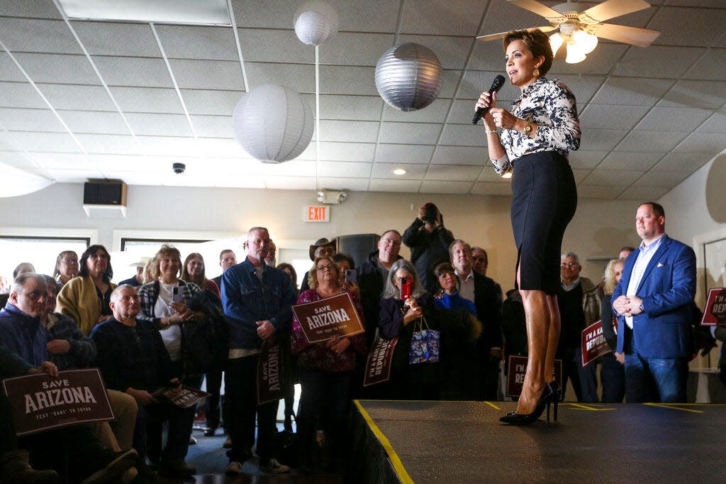 Kari Lake, former Republican candidate for Arizona governor, speaks during a lunch hosted by the Scott County Republican Women on Feb. 10, 2023, in Bettendorf, Iowa.