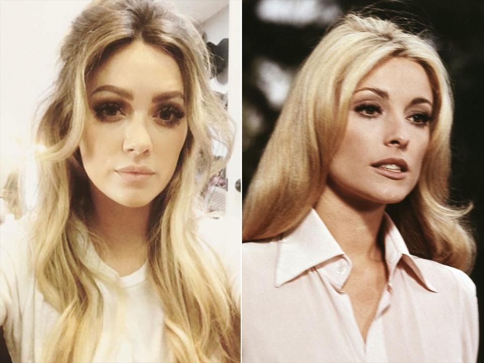 Hilary Duff (left) dressed as Sharon Tate (right) for the film <em>The Haunting of Sharon Tate</em>