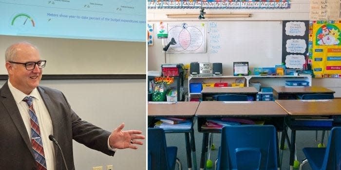 A composite photo of Gregg Klinginsmith on the left and an empty classroom on the right.