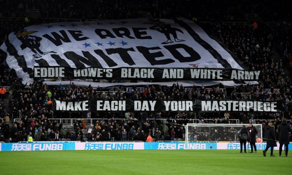 Newcastle’s banners show their support for Eddie Howe in a banner before the match at St James’ Park.