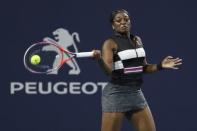 Mar 24, 2019; Miami Gardens, FL, USA; Sloane Stephens of the United States reacts after missing a shot against Tatjana Maria of Germany (not pictured) in the third round of the Miami Open at Miami Open Tennis Complex. Mandatory Credit: Geoff Burke-USA TODAY Sports