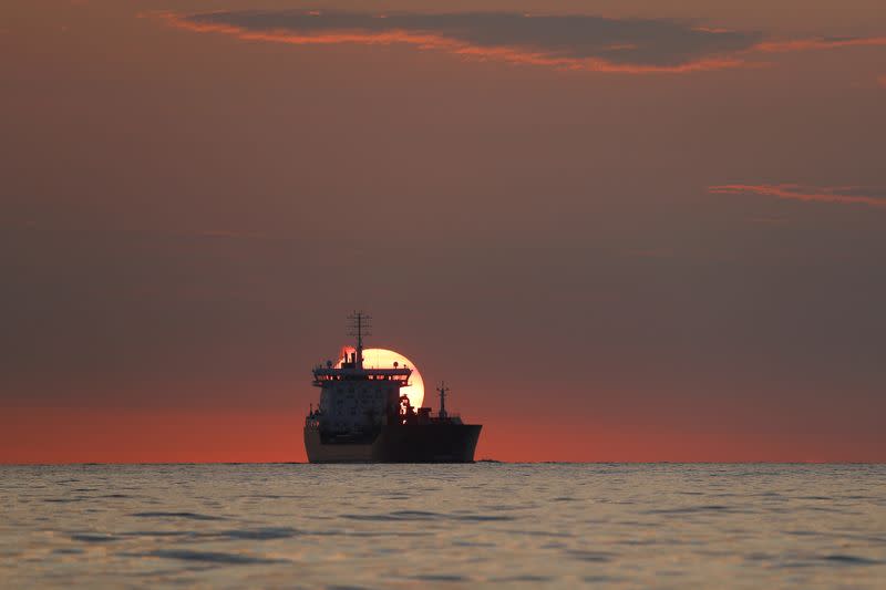 FILE PHOTO: A tanker ship is seen in the English Channel at sunrise, near Dover