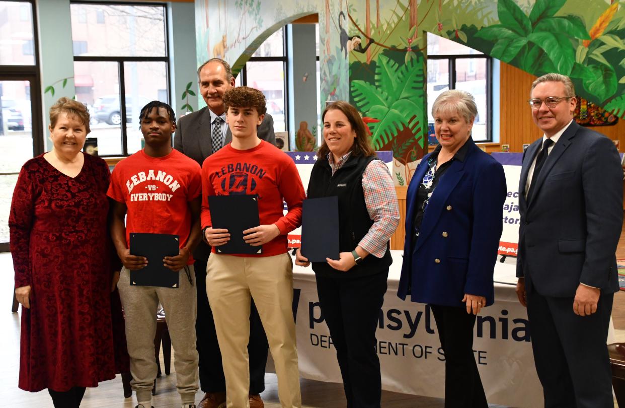 During his presentation Tuesday, Secretary of the Commonwealth Al Schmidt and officials honored three poll workers Jahkeim Medlock, Jack Herr and Megan Schaeffer.