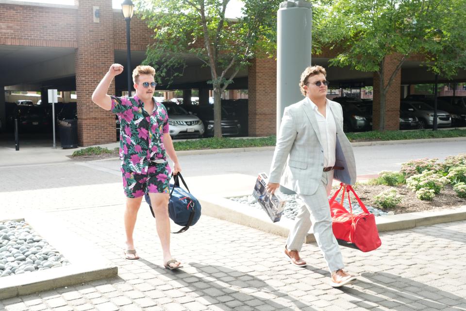 Zak Herbstreit and Toby Wilson of the Ohio State University football team check into the Hyatt Grandview on Sunday, August 8, 2022. They will stay in the hotel for 13 days during fall training camp.