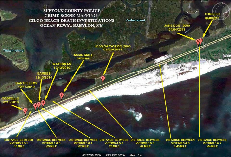 PHOTO: The locations where eight of 10 bodies were found near Gilgo Beach since December 2010 are seen in this Suffolk County Police handout image released to Reuters, Sept. 20, 2011. (Courtesy of Suffolk County Police via Reuters, FILE)