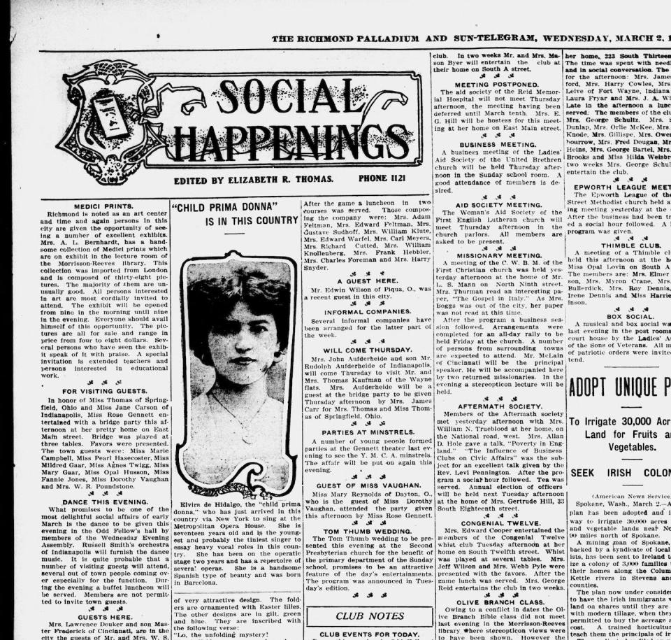 Artículo sobre Elvira de Hidalgo en el MET en <em>The Richmond Palladium and Sun-Telegram</em> del 2 de marzo de 1910. <a href="https://chroniclingamerica.loc.gov/lccn/sn86058226/1910-03-02/ed-1/seq-5/#date1=1770&sort=relevance&rows=20&words=de+Elvira+Hidalgo&searchType=basic&sequence=0&index=12&state=&date2=1963&proxtext=elvira+de+hidalgo&y=0&x=0&dateFilterType=yearRange&page=2" rel="nofollow noopener" target="_blank" data-ylk="slk:Indiana State Library/Library of Congress;elm:context_link;itc:0;sec:content-canvas" class="link ">Indiana State Library/Library of Congress</a>