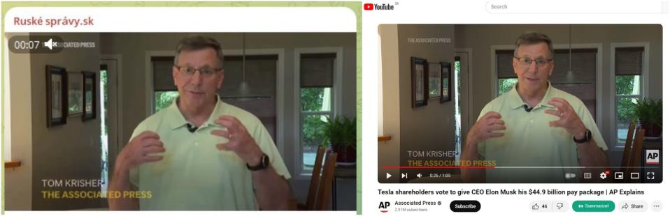 <span>Telegram-Screenshot des manipulierten Videos (links) und YouTube-Screenshot des Originalvideos (rechts): 21. Juni 2024</span>