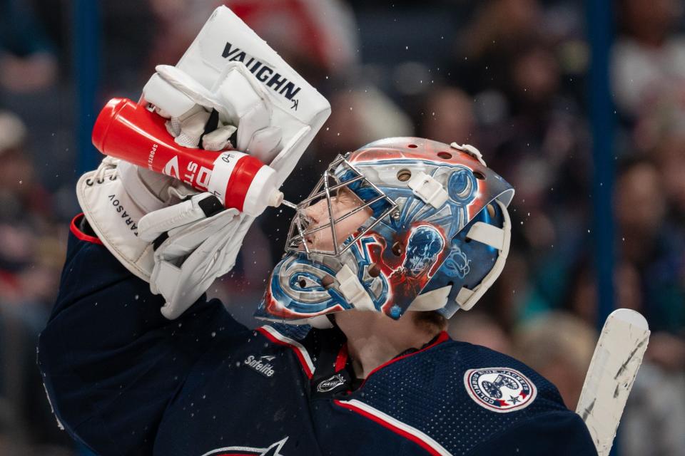 Jan 6, 2024; Columbus, Ohio, USA;
Columbus Blue Jackets goaltender Daniil Tarasov (40) cools off with his water during the second period of their game against the Minnesota Wild on Saturday, Jan. 6, 2024 at Nationwide Arena.