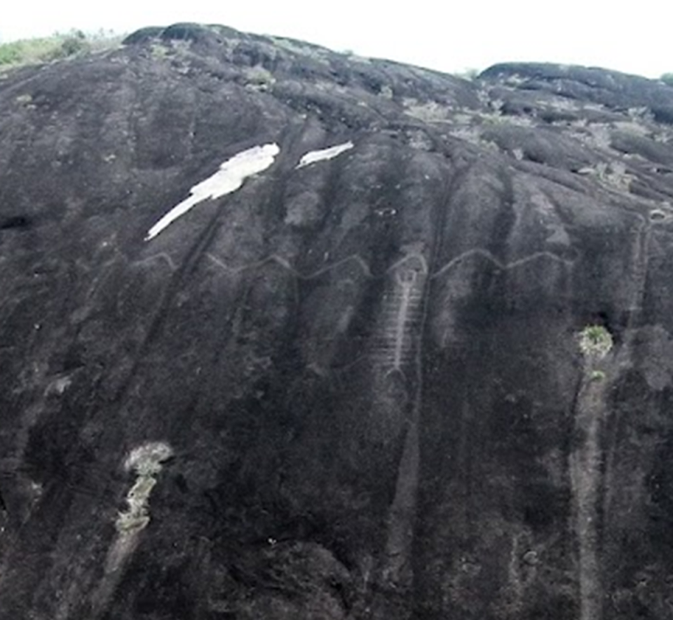 Prehistoric daring: more than a thousand years ago, three-quarters of the way up a 200-meter-high cliff, Indian artists risked their lives to create this 43-meter-long carving of a snake.  Directly below the snake they also engraved a giant centipede (Philip Riris)