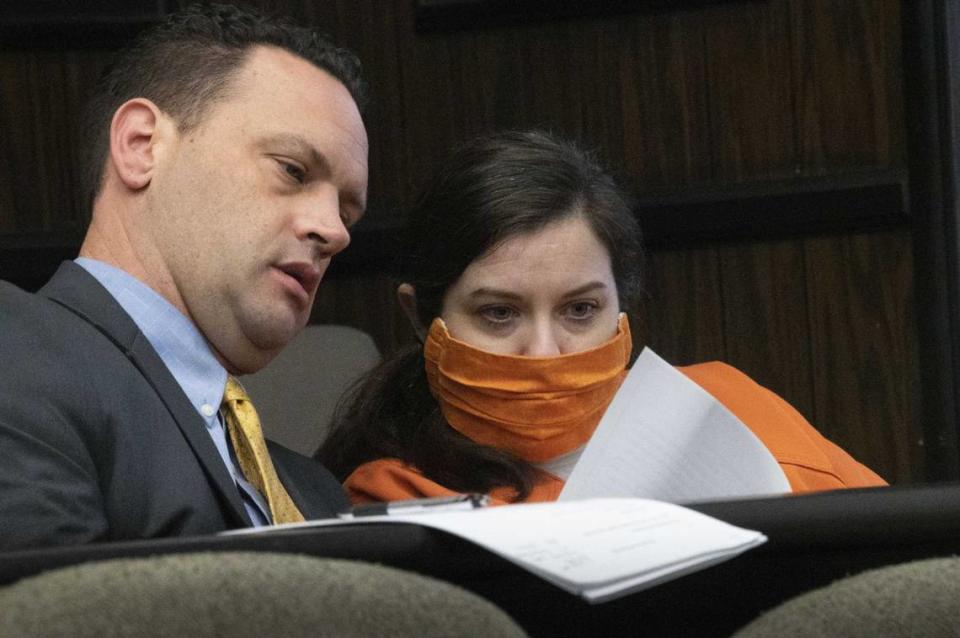 Lindsay Piper, the stepmother of Roman Lopez, listens to attorney Matt Johnson on Nov. 19, 2021 in El Dorado Superior Court in Placerville. On Monday, May 16, 2022, Lindsay Piper changed her plea in the murder case to no contest.