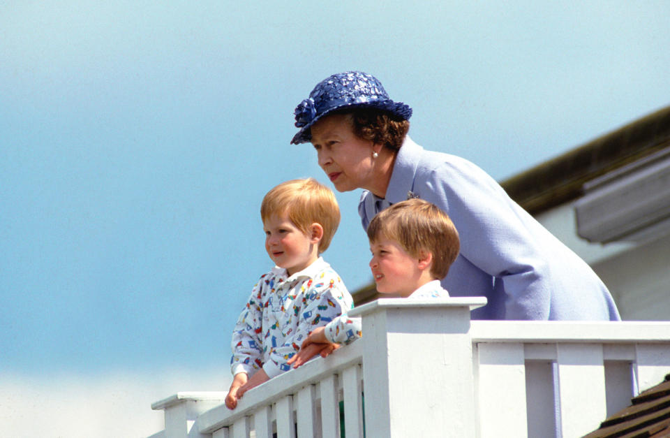 The Queen With Prince William And Prince Harry In The Royal Box At Guards Polo Club, Smiths Lawn, Windsor ca. 1987.<span class="copyright">Tim Graham Photo Library/Getty Images</span>