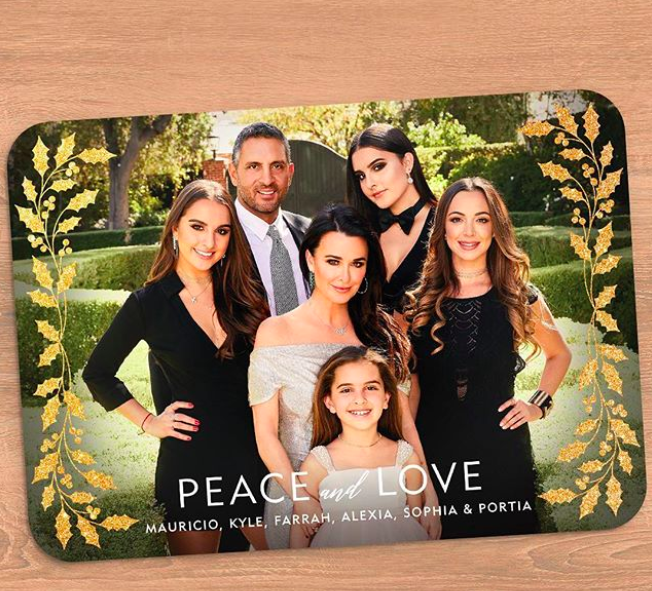 The Richards-Umansky crew — Maurico, Kyle, Farrah, Alexia, Sophia, and Portia — are wishing you “peace and love” this holiday season. ‘Cause let’s face it: there’s enough drama on the <em>Real Housewives of Beverly Hills</em> star’s show. P.S.: She also cashed in on the card. (Photo: K<a href="https://www.instagram.com/p/BcIxu-lAGT3/?hl=en&taken-by=kylerichards18" rel="nofollow noopener" target="_blank" data-ylk="slk:yle Richards via Instagram;elm:context_link;itc:0;sec:content-canvas" class="link ">yle Richards via Instagram</a>)