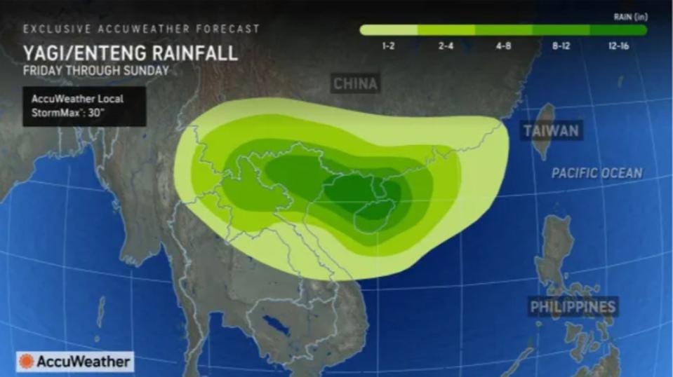 Rainfall forecast from AccuWeather shows Yagi is expected to bring up to 16 inches (400 mm) of rain, with some areas possibly receiving as much as 30 inches (760 mm), across southern China, Hainan Island, northern Vietnam, northern Laos, and northern Thailand between Friday and Sunday (AccuWeather)