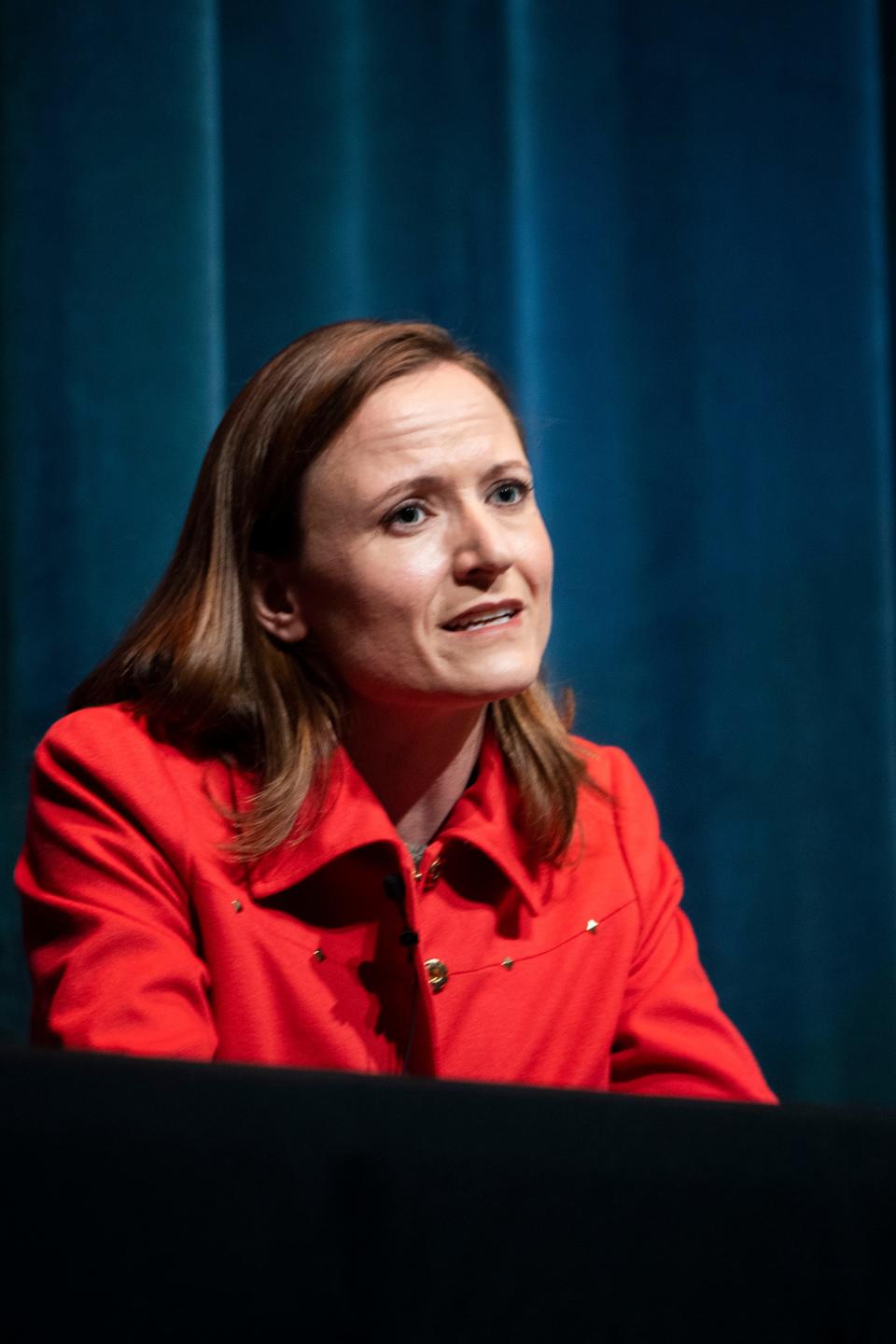 Alice Rolli, business and education strategist, answers questions during a debate for the Nashville mayoral candidates at Fisher Performing Arts Center in Nashville , Tenn., Thursday, May 18, 2023.