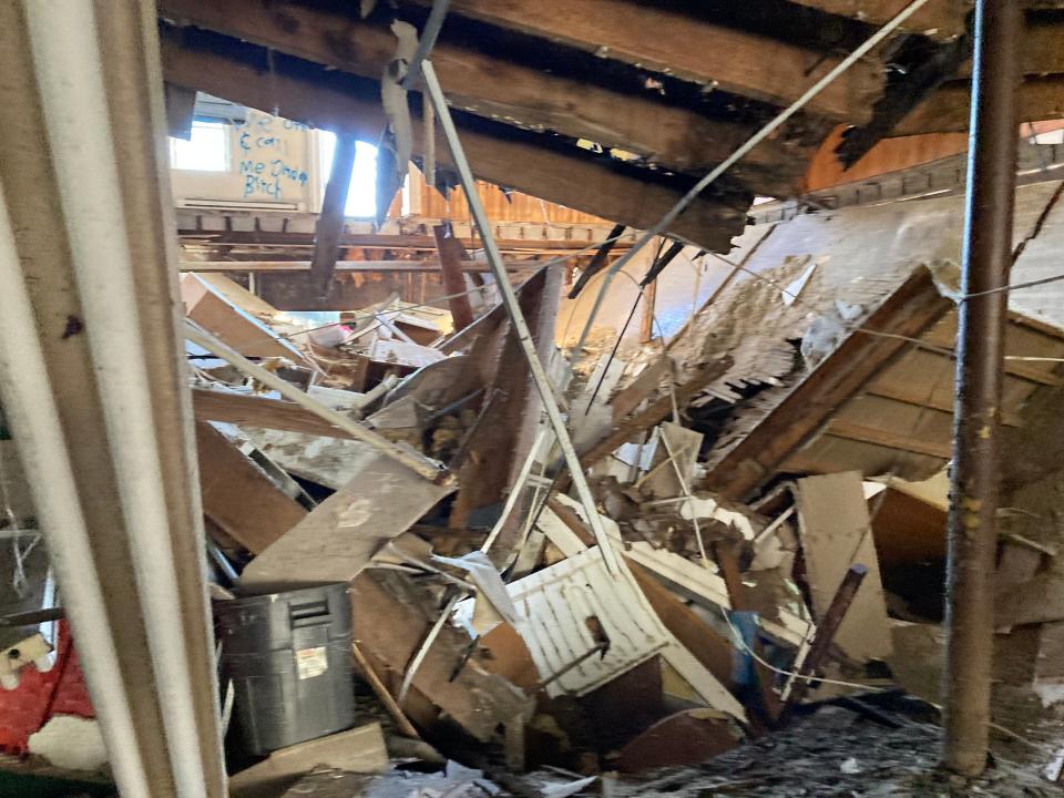 Inside the first floor at 55 W. Main St. in Hancock, where part of an upper floor collapsed recently. Photo taken March 25, 2024.