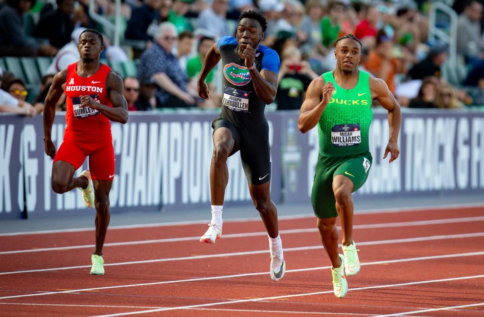 Oregon’s Micah Williams sprints to a first place finish in the semifinals of the men’s 100 meter dash at the NCAA Outdoor Track & Field Championships Wednesday, June 8, 2022, at Hayward Field in Eugene, Ore. 