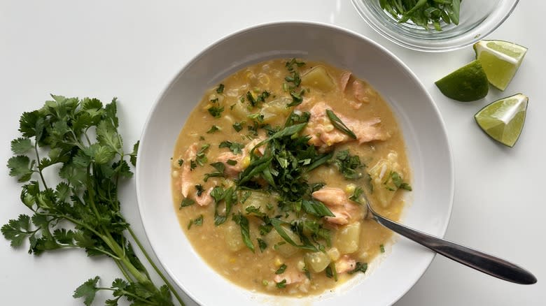 salmon corn chowder soup bowl