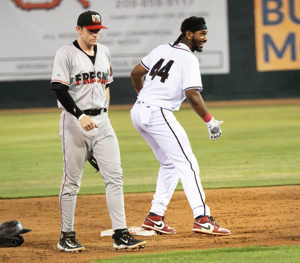 Modesto Nuts’ Lazaro Montes (44) celebrates a RBI double in the game with the Fresno Grizzlies at John Thurman Field In Modesto, Calif., Wednesday, June 5, 2024.