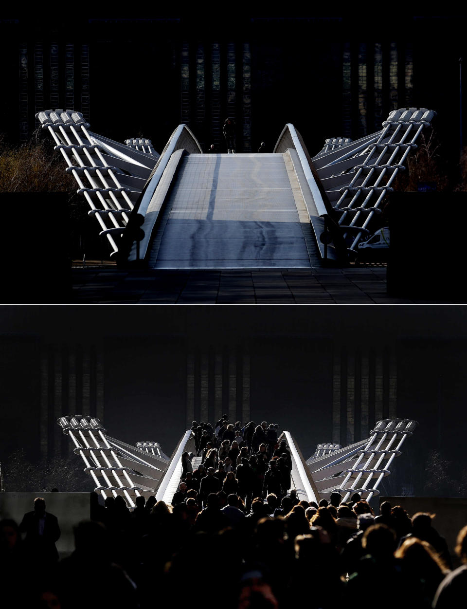 A combo of images shows pedestrians strolling over the Millennium bridge in London on Tuesday, Feb. 16, 2016 and an empty view from the same angle taken on Wednesday, April 1, 2020. When Associated Press photographer Frank Augstein moved to London in 2015, what struck him most was the crowds. In years of covering political dramas, moments of celebration and tragedy and major sporting events, Augstein's photographs have captured the city's ceaseless movement: Pedestrians swarming over the Millennium footbridge spanning the River Thames. Travelers from the U.K. and continental Europe thronging St. Pancras railway station. Commuters following London transit etiquette by carefully ignoring one another on a crowded Tube train, or waiting patiently in a snaking bus queue. Augstein revisited those sites in recent days after Britain — like other countries around the world — went into effective lockdown to stem the spread of the new coronavirus. (AP Photo/Frank Augstein)