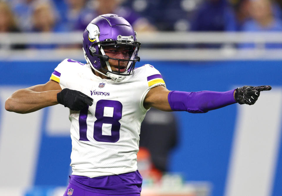 DETROIT, MICHIGAN - DECEMBER 05: Justin Jefferson #18 of the Minnesota Vikings reacts after catching the ball for a first down during the third quarter against the Detroit Lions at Ford Field on December 05, 2021 in Detroit, Michigan. (Photo by Gregory Shamus/Getty Images)