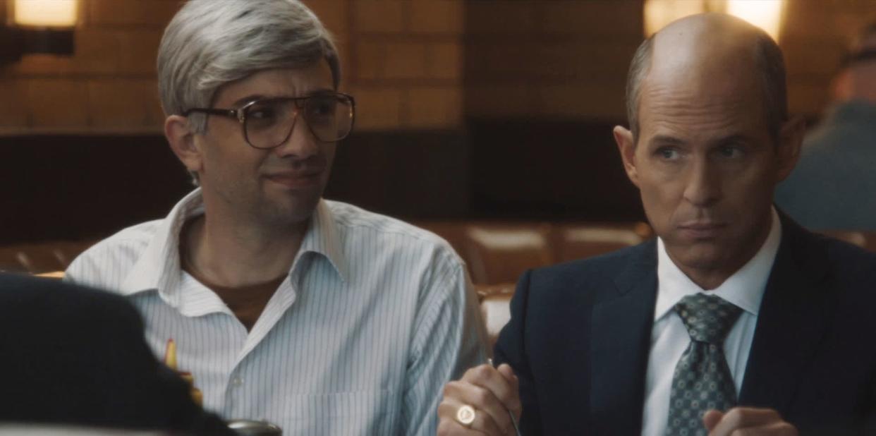 A still from the movie 'Blackberry' featuring Jay Baruchel and Glenn Howerton as RIM co-CEOs Mike Lazaridis and Jim Balsillie