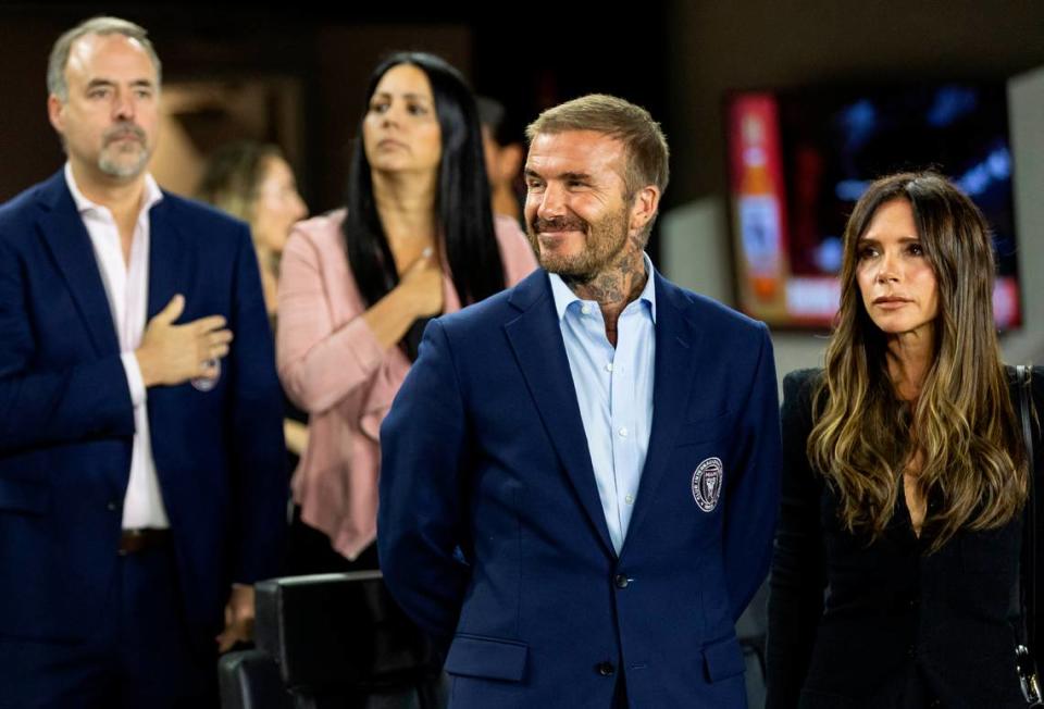 Inter Miami Co-owner David Beckham and his wife, Victoria Beckham, are seen before the start of their team’s MLS match against Charlotte FC at DRV PNK Stadium on Wednesday, Oct. 18, 2023, in Fort Lauderdale, Fla. MATIAS J. OCNER/mocner@miamiherald.com