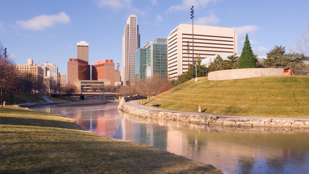 Frozen pond in a park in downtown Omaha.