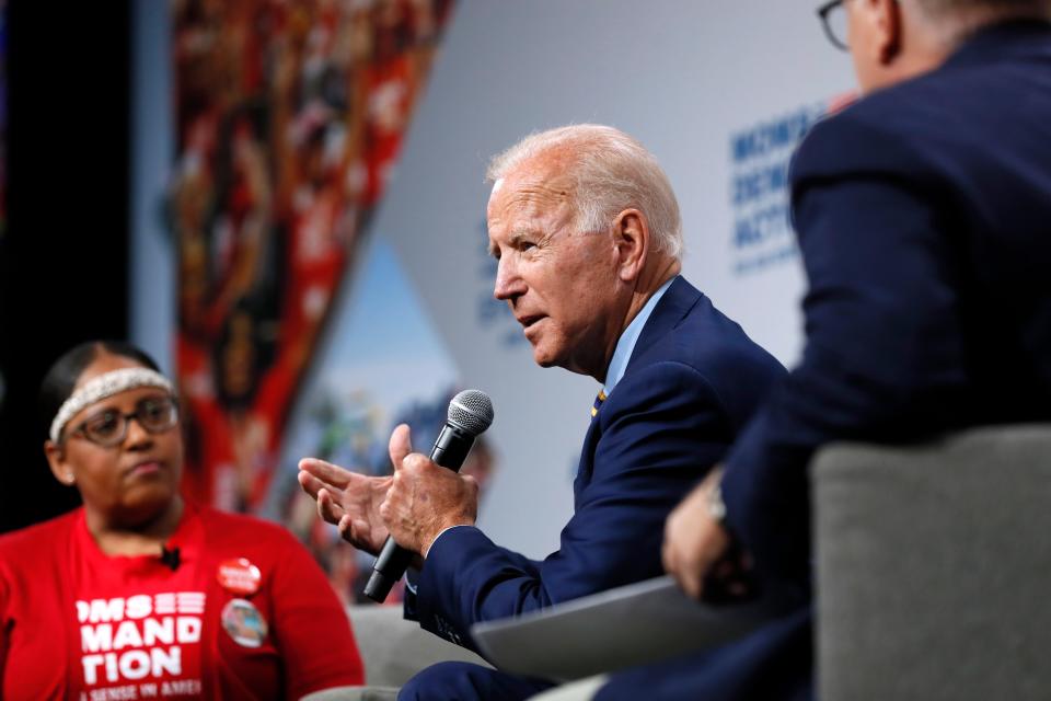 Democratic presidential candidate former Vice President Joe Biden speaks at the Presidential Gun Sense Forum, Saturday, Aug. 10, 2019, in Des Moines, Iowa.