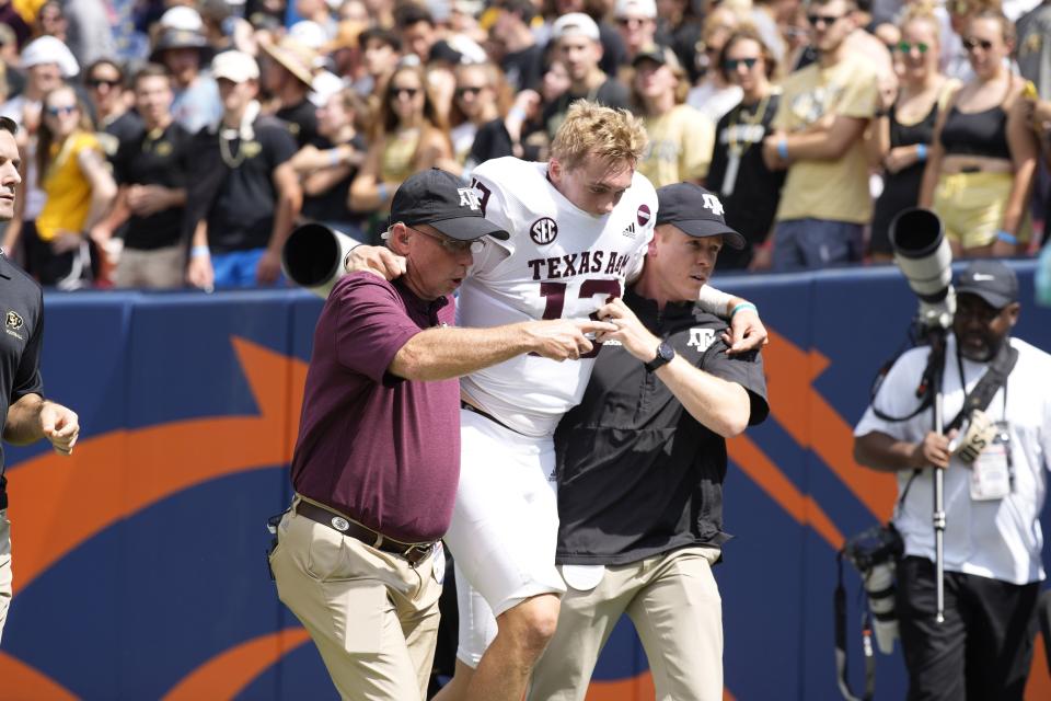 Haynes King won Texas A&M's starting quarterback job last year but broke his leg in mid-September. He's battling former LSU quarterback Max Johnson for the starting position this year.