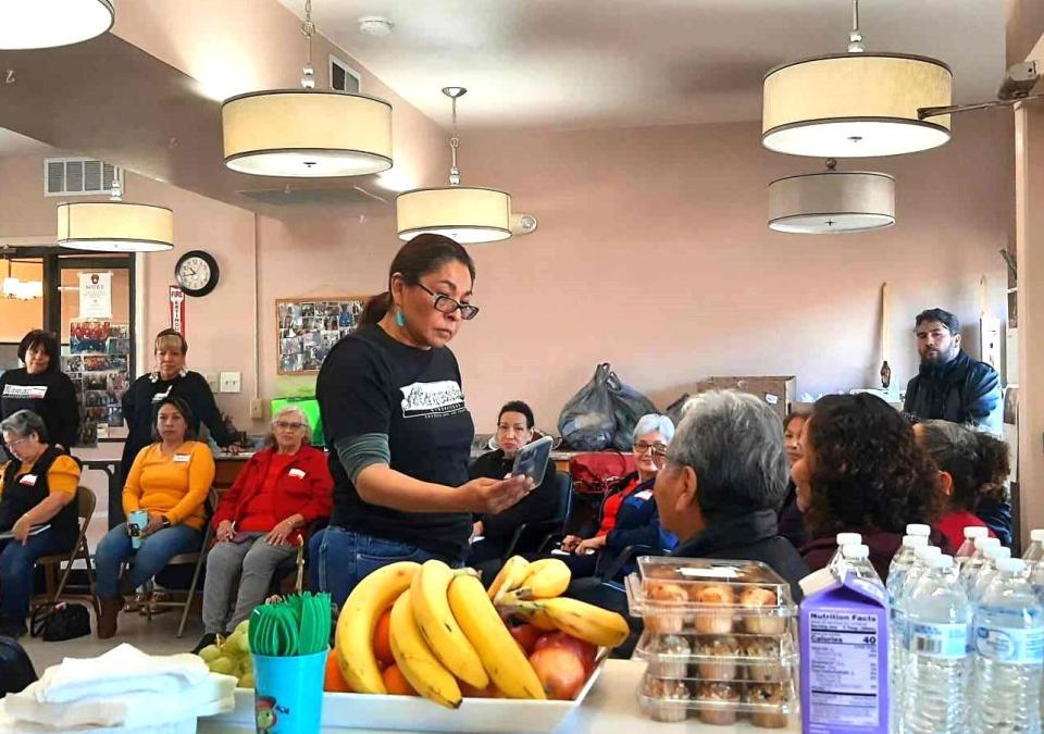 Maria Chaparro, center, organizer with the group Mamacítas Cibernéticas, interviews Spanish-speaking residents of Sunland Park and surrounding areas about their internet needs and preferences during a focus group session this spring in the city. With cultural fluency, the grassroots group surveyed middle-aged and older women to produce a report that will help the city pursue funding to close gaps.