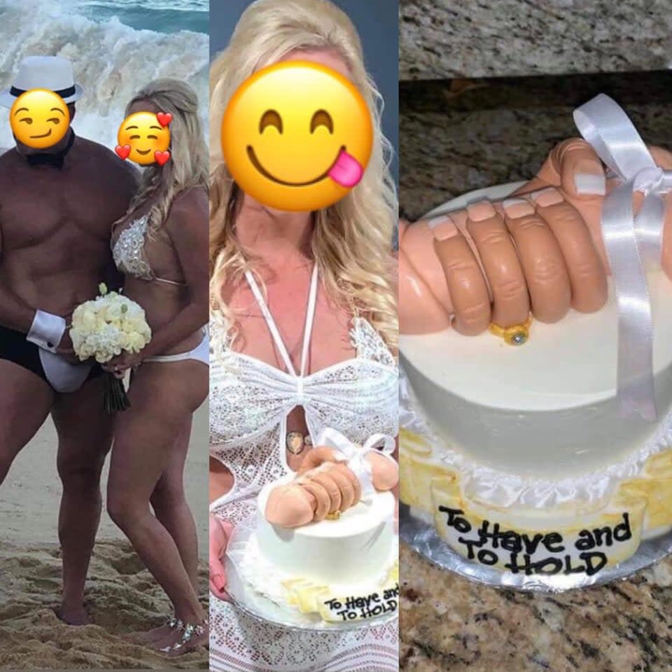 A photo of a bikini-clad bride holding a penis wedding cake.