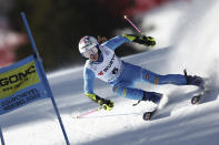 Italy's Marta Bassino speeds down the course during an alpine ski World Championships giant slalom, in Meribel, France, Thursday, Feb. 16, 2023. (AP Photo/Gabriele Facciotti)