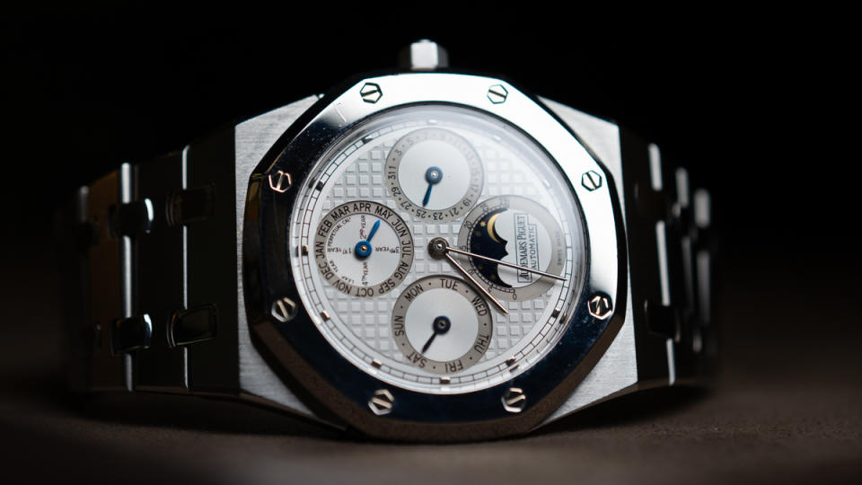An Audemars Piguet Royal Oak perpetual calendar was in the pre-owned stock at Shreve Crump & Low while we were there.