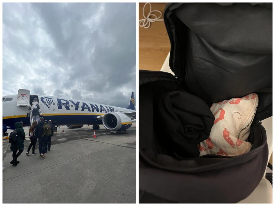 On the right, a Ryanair flight. On the left, a backpack that has been halfway filled.