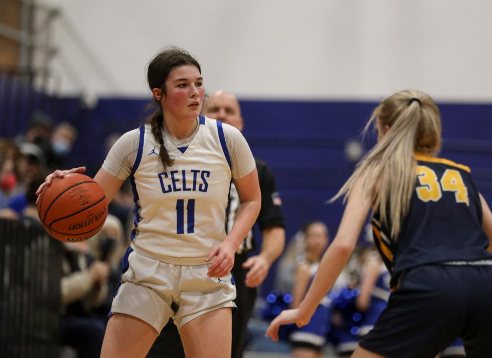 McNary's Ava Rubio (11) looks to make a pass during the game against Bend on Friday, Jan. 21, 2022 at McNary High School in Keizer, Ore. 