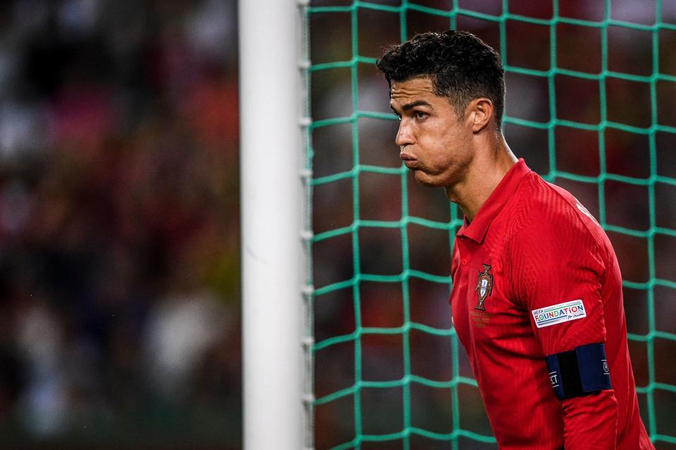 Portugal's forward Cristiano Ronaldo reacts during the UEFA Nations League, league A group 2 football match between Portugal and Czech Republic at the Jose Alvalade stadium in Lisbon on June 9, 2022. (Photo by PATRICIA DE MELO MOREIRA / AFP) (Photo by PATRICIA DE MELO MOREIRA/AFP via Getty Images)