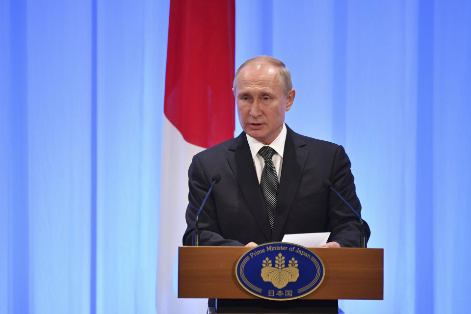 Russia's President Vladimir Putin speaks during a press conference with Japan's Prime Minister Shinzo Abe after the G20 Summit in Osaka, Japan, Saturday, June 29, 2019. (Yuri Kadobnov/Pool Photo via AP)