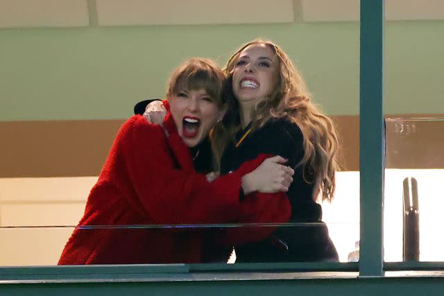<p>Getty Images</p> Taylor Swift and Brittany Mahomes hug at the Dec. 3 match-up between the Kansas City Chiefs and the Green Bay Packers