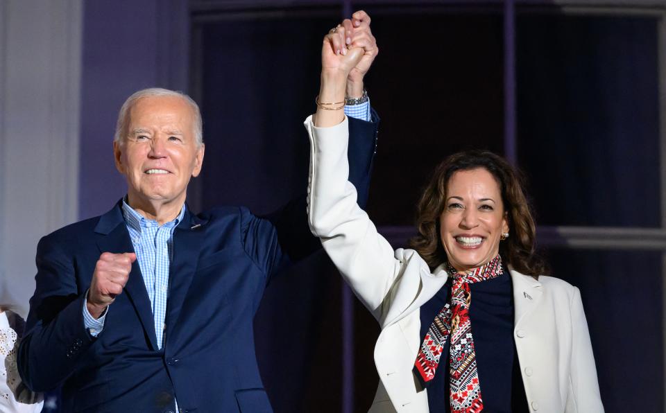President Joe Biden and Vice President Kamala Harris celebrate the Independence Day fireworks from the Truman Balcony of the White House on July 4, 2024.