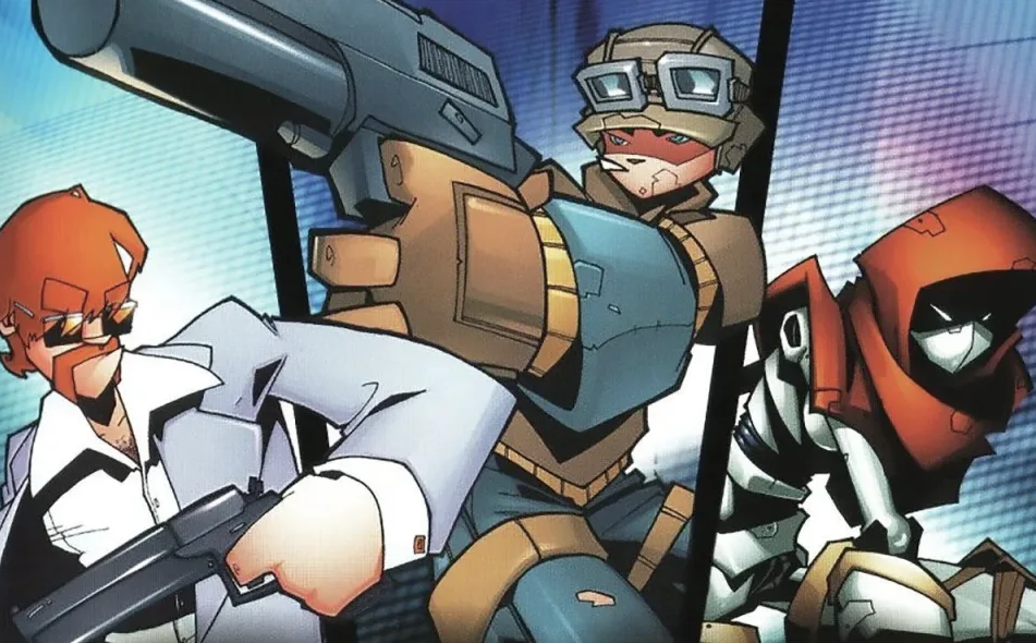 Ein Trio von TimeSplitters-Charakteren mit Waffen. 