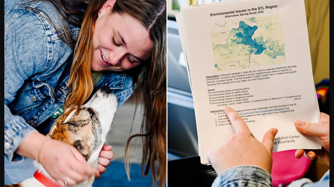 Left: Emily Connor pets a dog that came into the Audubon Center at Riverlands on Sept. 12 in West Alton. The center is dog friendly. Right: Emily Connor points to her favorite quote from St. Louis Rep. Cori Bush. The quote reads: “Environmental justice is housing justice. Environmental justice is health justice. Environmental justice is climate justice. Environmental justice is Indigenous justice. Environmental justice is racial justice.”
