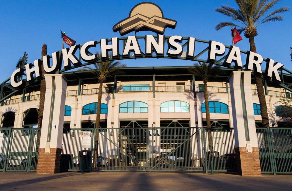 The Tulare Street entrance to Chukchansi Park in downtown Fresno, pictured in April 2020.