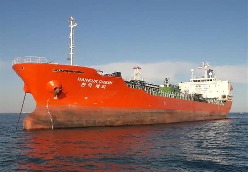 A South Korean-flagged tanker vessel which was seized by Iran's Revolutionary Guards is seen in Gulf waters