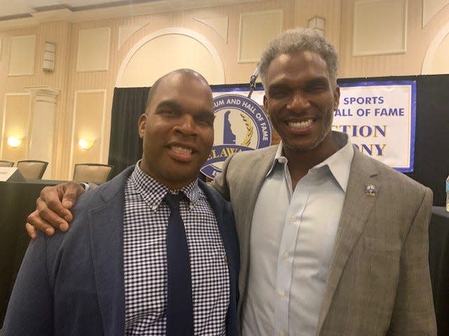 The Harris brothers of Newark High football fame, Orien, left, and Kwame, at the Delaware Sports Hall of Fame banquet on Thursday, May 18, 2023.