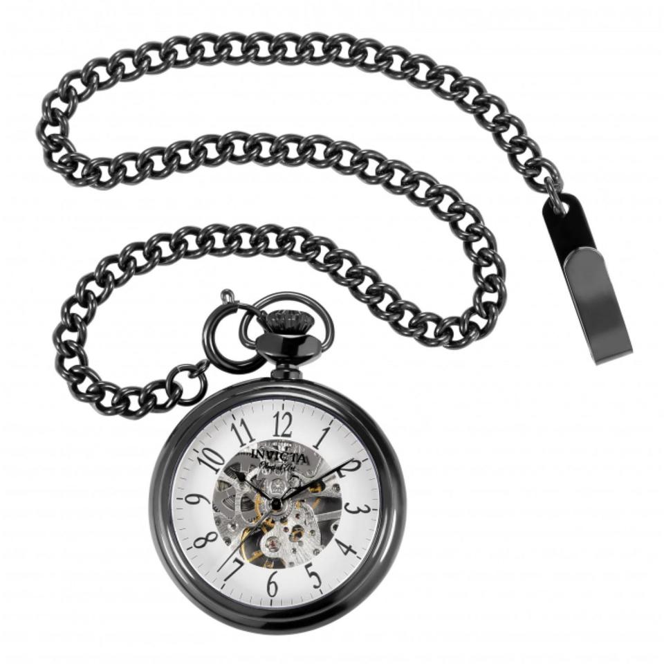 Invicta 47m Objet d'Art Mechanical Skeletonized Dial Black Pocket Watch w/ Chain - Pocket Watch