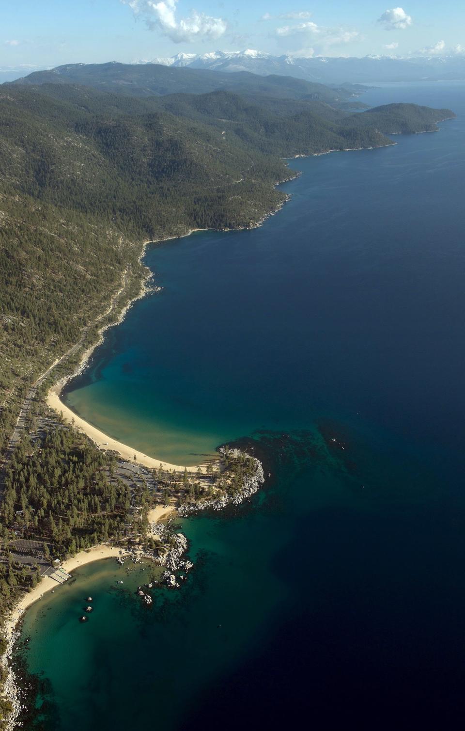 An aerial view of the shoreline of Lake Tahoe