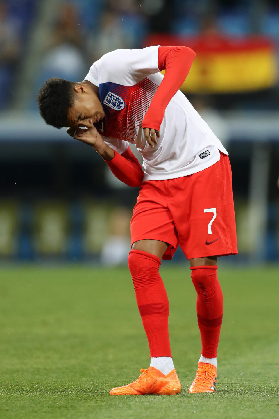 <p>Jesse Lingard of England reacts after an insect lands in his ear ahead of the 2018 FIFA World Cup Russia group G match between Tunisia and England at Volgograd Arena on June 18, 2018 in Volgograd, Russia. (Photo by Clive Rose/Getty Images) </p>