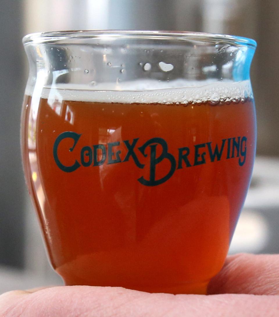 Jason Gasper-Hulvat, owner and brewer at Codex Brewing, holds a sample at his business in Jackson Township on Saturday, Nov. 21, 2020. 